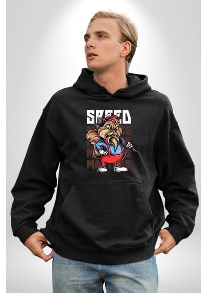 Hızlı Oduncu Sincap Sakallı Havalı Kadın Erkek Baskılı Üç Iplik Siyah Kapüşonlu Hodie Sweatshirt