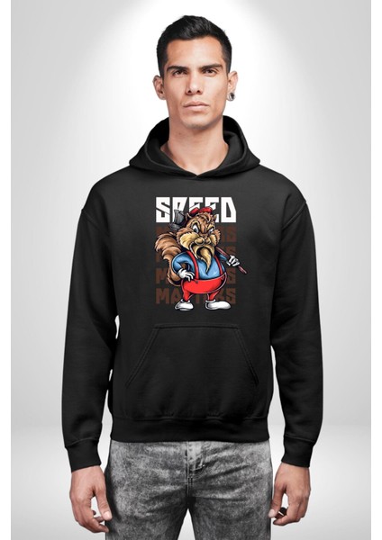Hızlı Oduncu Sincap Sakallı Havalı Kadın Erkek Baskılı Üç Iplik Siyah Kapüşonlu Hodie Sweatshirt