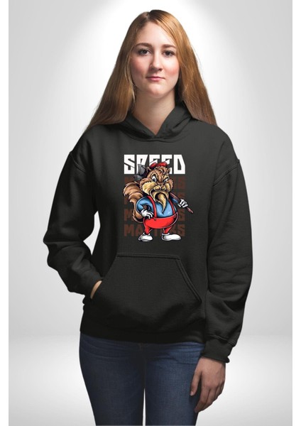 Hızlı Oduncu Sincap Sakallı Havalı Kadın Erkek Baskılı Üç Iplik Siyah Kapüşonlu Hodie Sweatshirt