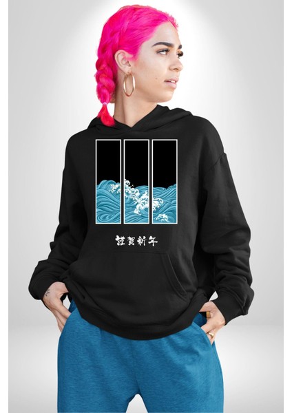 Japon Dalgaları Japonya Kadın Erkek Baskılı Üç Iplik Siyah Kapüşonlu Hodie Sweatshirt fiyatları