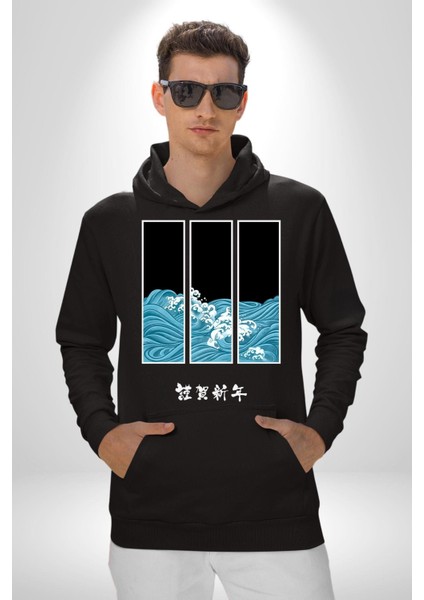 Japon Dalgaları Japonya Kadın Erkek Baskılı Üç Iplik Siyah Kapüşonlu Hodie Sweatshirt modelleri