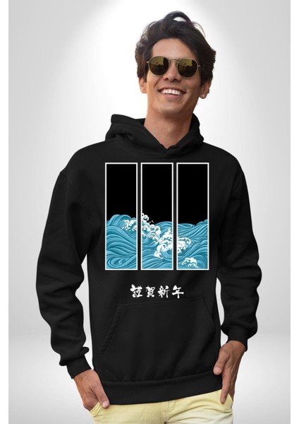 Japon Dalgaları Japonya Kadın Erkek Baskılı Üç Iplik Siyah Kapüşonlu Hodie Sweatshirt fırsatları