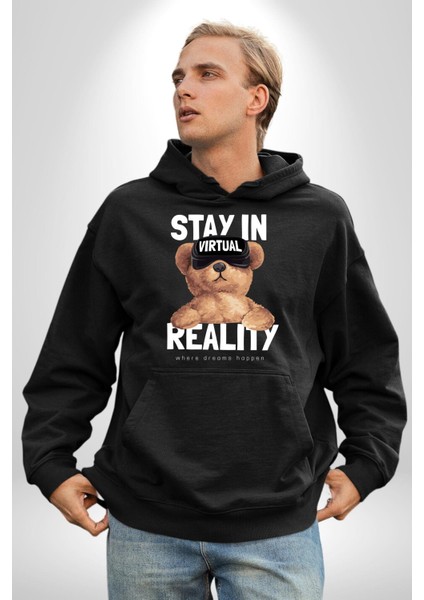 Sanal Gerçeklikte Kalmak Oyuncak Ayı Kadın Erkek Baskılı Üç Iplik Siyah Kapüşonlu Hodie Sweatshirt modelleri