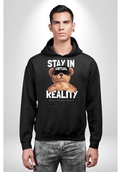 Sanal Gerçeklikte Kalmak Oyuncak Ayı Kadın Erkek Baskılı Üç Iplik Siyah Kapüşonlu Hodie Sweatshirt fırsatları