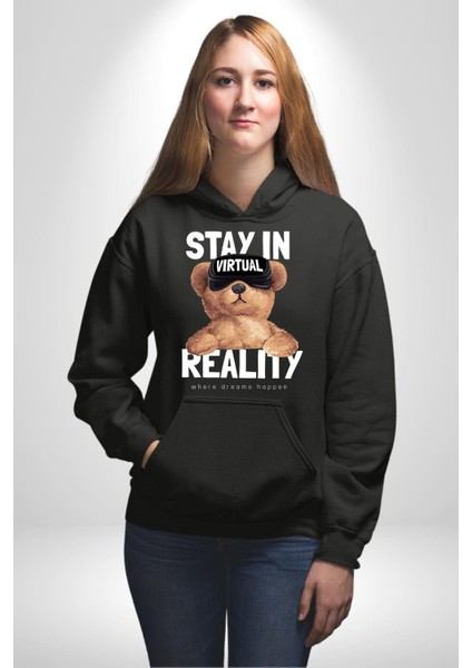 Sanal Gerçeklikte Kalmak Oyuncak Ayı Kadın Erkek Baskılı Üç Iplik Siyah Kapüşonlu Hodie Sweatshirt indirimleri