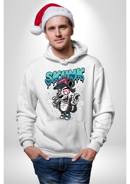 Şapkalı Kokarca Grafiti Kadın Erkek Baskılı Üç Iplik Beyaz Kapüşonlu Hodie Sweatshirt