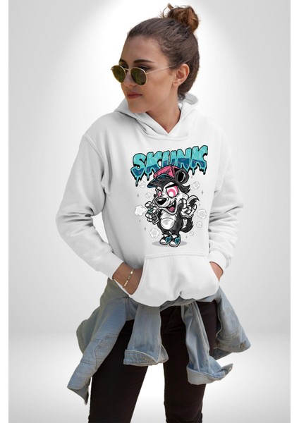 Şapkalı Kokarca Grafiti Kadın Erkek Baskılı Üç Iplik Beyaz Kapüşonlu Hodie Sweatshirt fırsatları