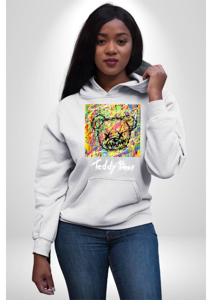 Sanatsal Teddy Ayı Kadın Erkek Baskılı Üç Iplik Beyaz Kapüşonlu Hodie Sweatshirt