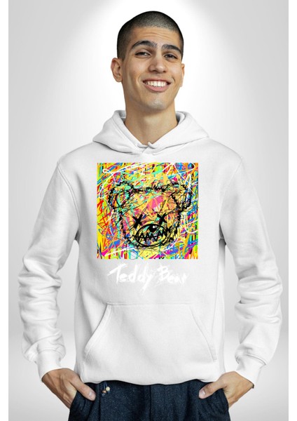Sanatsal Teddy Ayı Kadın Erkek Baskılı Üç Iplik Beyaz Kapüşonlu Hodie Sweatshirt