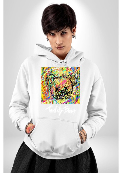 Sanatsal Teddy Ayı Kadın Erkek Baskılı Üç Iplik Beyaz Kapüşonlu Hodie Sweatshirt