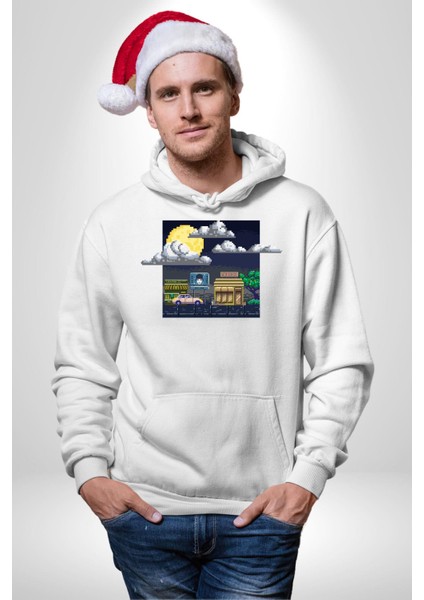 Retro Gece Vibe Oyun Kadın Erkek Baskılı Üç Iplik Beyaz Kapüşonlu Hodie Sweatshirt