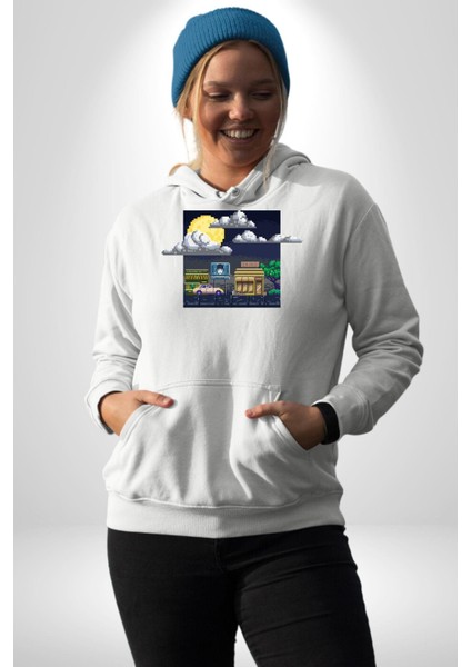 Retro Gece Vibe Oyun Kadın Erkek Baskılı Üç Iplik Beyaz Kapüşonlu Hodie Sweatshirt fiyatları