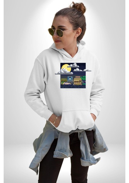 Retro Gece Vibe Oyun Kadın Erkek Baskılı Üç Iplik Beyaz Kapüşonlu Hodie Sweatshirt fırsatları