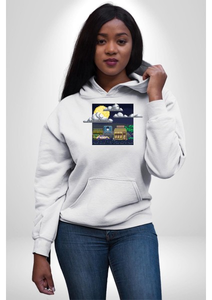 Retro Gece Vibe Oyun Kadın Erkek Baskılı Üç Iplik Beyaz Kapüşonlu Hodie Sweatshirt indirimleri