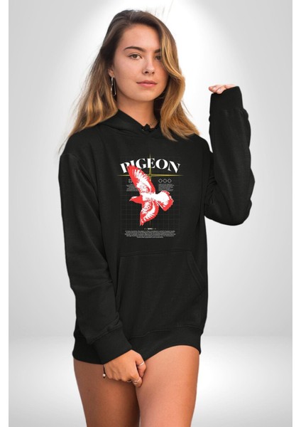 Güvercin Sokak Tarzı Kadın Erkek Baskılı Üç Iplik Siyah Kapüşonlu Hodie Sweatshirt fiyatları