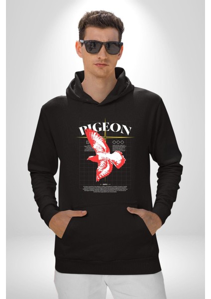 Güvercin Sokak Tarzı Kadın Erkek Baskılı Üç Iplik Siyah Kapüşonlu Hodie Sweatshirt fırsatları