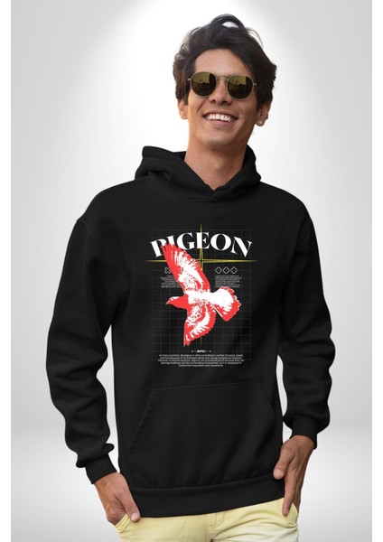 Güvercin Sokak Tarzı Kadın Erkek Baskılı Üç Iplik Siyah Kapüşonlu Hodie Sweatshirt indirimleri