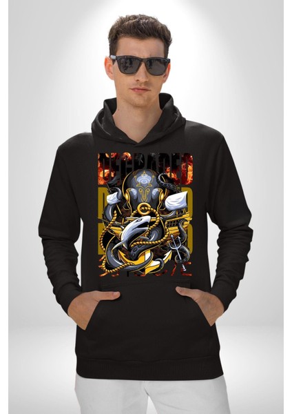 Gemi Düşmanı Savaşçı Kraken Kadın Erkek Baskılı Üç Iplik Siyah Kapüşonlu Hodie Sweatshirt modelleri