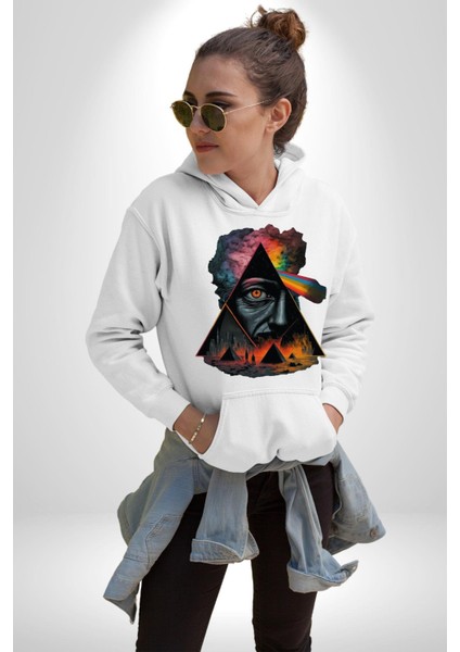 Gökkuşağı Mısır Piramitleri Mistik Kadın Erkek Baskılı Üç Iplik Beyaz Kapüşonlu Hodie Sweatshirt modelleri