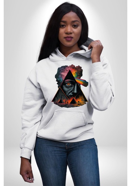 Gökkuşağı Mısır Piramitleri Mistik Kadın Erkek Baskılı Üç Iplik Beyaz Kapüşonlu Hodie Sweatshirt fırsatları