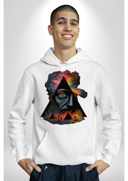 Gökkuşağı Mısır Piramitleri Mistik Kadın Erkek Baskılı Üç Iplik Beyaz Kapüşonlu Hodie Sweatshirt indirimleri