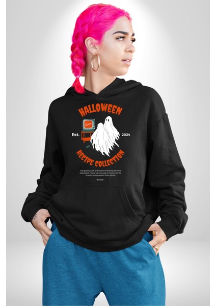 Cadılar Bayramı Tarifi Koleksiyonu Kadın Erkek Baskılı Üç Iplik Siyah Kapüşonlu Hodie Sweatshirt