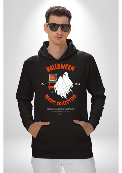 Cadılar Bayramı Tarifi Koleksiyonu Kadın Erkek Baskılı Üç Iplik Siyah Kapüşonlu Hodie Sweatshirt