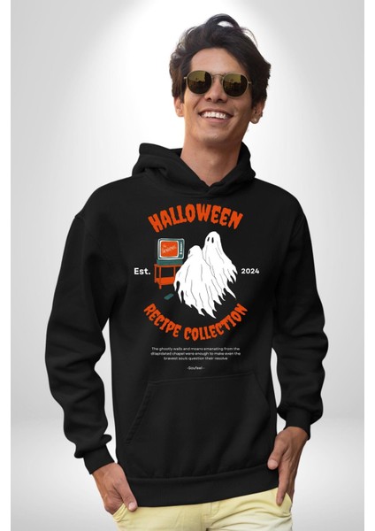 Cadılar Bayramı Tarifi Koleksiyonu Kadın Erkek Baskılı Üç Iplik Siyah Kapüşonlu Hodie Sweatshirt
