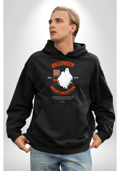 Cadılar Bayramı Tarifi Koleksiyonu Kadın Erkek Baskılı Üç Iplik Siyah Kapüşonlu Hodie Sweatshirt