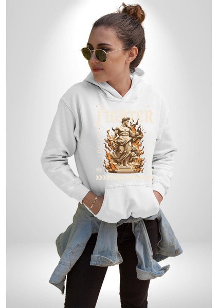Cesaretli Yunan Askeri Sokak Tarzı Kadın Erkek Baskılı Üç Iplik Beyaz Kapüşonlu Hodie Sweatshirt