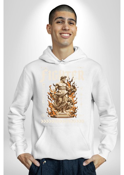 Cesaretli Yunan Askeri Sokak Tarzı Kadın Erkek Baskılı Üç Iplik Beyaz Kapüşonlu Hodie Sweatshirt