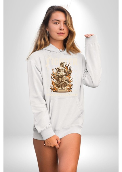 Cesaretli Yunan Askeri Sokak Tarzı Kadın Erkek Baskılı Üç Iplik Beyaz Kapüşonlu Hodie Sweatshirt