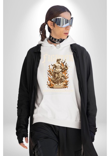 Cesaretli Yunan Askeri Sokak Tarzı Kadın Erkek Baskılı Üç Iplik Beyaz Kapüşonlu Hodie Sweatshirt