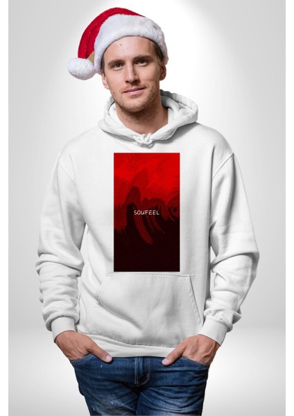 Kırmızı Renklerinin Sanatsal Uyumu Kadın Erkek Baskılı Üç Iplik Beyaz Kapüşonlu Hodie Sweatshirt