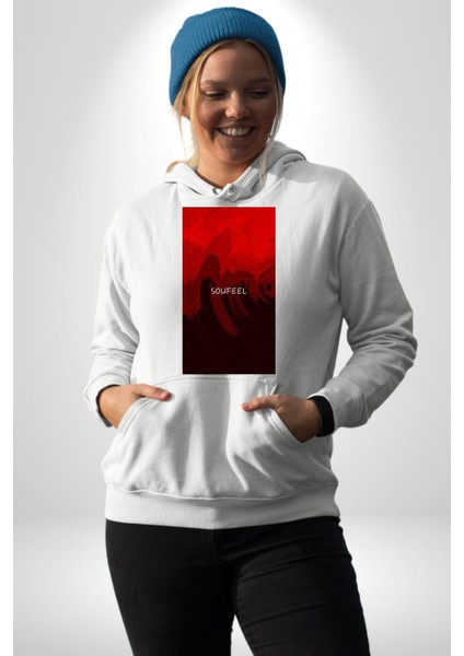 Kırmızı Renklerinin Sanatsal Uyumu Kadın Erkek Baskılı Üç Iplik Beyaz Kapüşonlu Hodie Sweatshirt fiyatları
