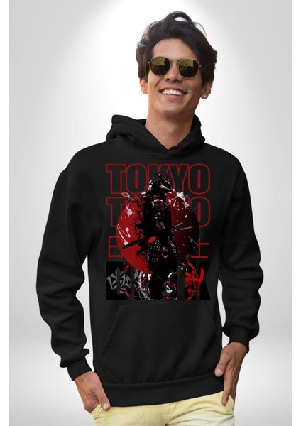 Tokyo Japon Samuray Savaşçısı Kadın Erkek Baskılı Üç Iplik Siyah Kapüşonlu Hodie Sweatshirt