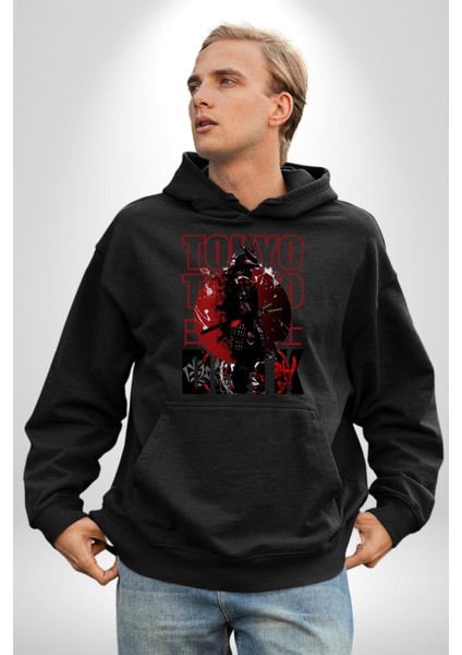 Tokyo Japon Samuray Savaşçısı Kadın Erkek Baskılı Üç Iplik Siyah Kapüşonlu Hodie Sweatshirt modelleri