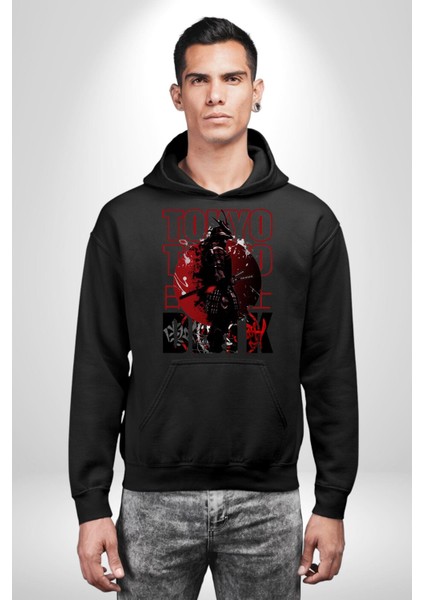 Tokyo Japon Samuray Savaşçısı Kadın Erkek Baskılı Üç Iplik Siyah Kapüşonlu Hodie Sweatshirt fırsatları