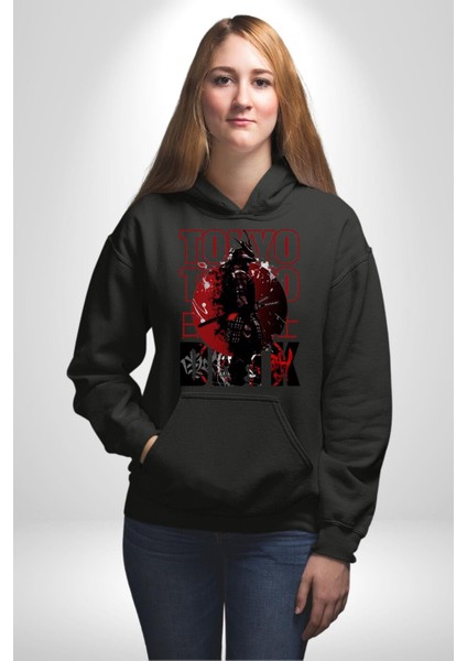 Tokyo Japon Samuray Savaşçısı Kadın Erkek Baskılı Üç Iplik Siyah Kapüşonlu Hodie Sweatshirt indirimleri