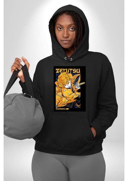 Demon Slayer Zenitsu Agatsuma Anime Kadın Erkek Baskılı Üç Iplik Siyah Kapüşonlu Hodie Sweatshirt