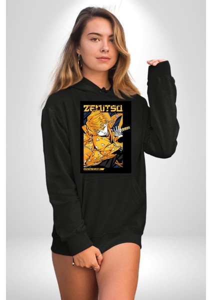 Demon Slayer Zenitsu Agatsuma Anime Kadın Erkek Baskılı Üç Iplik Siyah Kapüşonlu Hodie Sweatshirt fiyatları