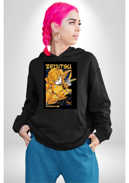 Demon Slayer Zenitsu Agatsuma Anime Kadın Erkek Baskılı Üç Iplik Siyah Kapüşonlu Hodie Sweatshirt modelleri