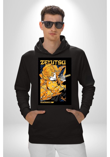 Demon Slayer Zenitsu Agatsuma Anime Kadın Erkek Baskılı Üç Iplik Siyah Kapüşonlu Hodie Sweatshirt fırsatları