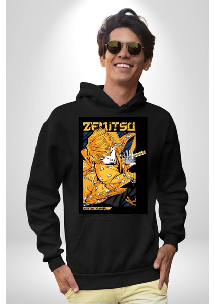 Demon Slayer Zenitsu Agatsuma Anime Kadın Erkek Baskılı Üç Iplik Siyah Kapüşonlu Hodie Sweatshirt indirimleri