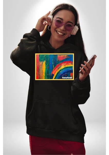 Modern Sanat Tablosu Kadın Erkek Baskılı Üç Iplik Siyah Kapüşonlu Hodie Sweatshirt