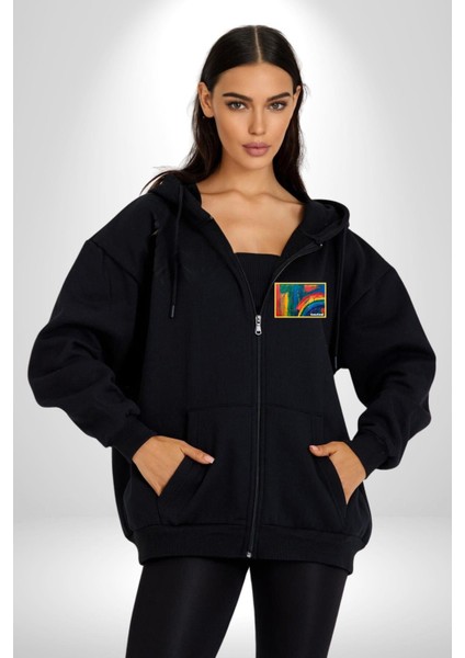 Modern Sanat Tablosu Kadın Erkek Baskılı Fermuarlı Kapüşonlu Hırka Sweatshirt