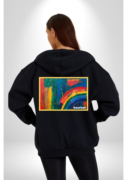 Modern Sanat Tablosu Kadın Erkek Baskılı Fermuarlı Kapüşonlu Hırka Sweatshirt
