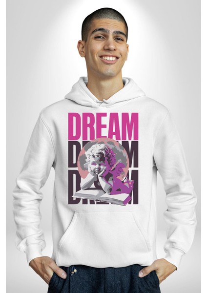 Kötü Yöntem Gül ve Heykel Kadın Erkek Baskılı Üç Iplik Beyaz Kapüşonlu Hodie Sweatshirt