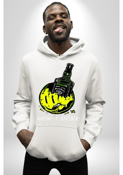 Gülen Surat Mutluluk Geçicidir Kadın Erkek Baskılı Üç Iplik Beyaz Kapüşonlu Hodie Sweatshirt