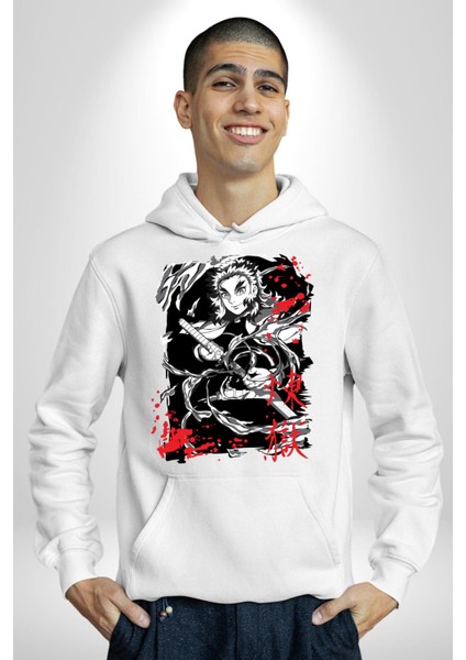Demon Slayer Kyojuro Rengoku Anime Kadın Erkek Baskılı Üç Iplik Beyaz Kapüşonlu Hodie Sweatshirt modelleri